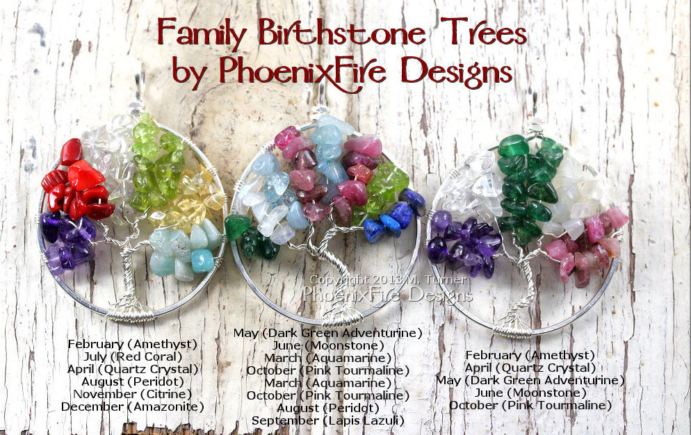 Family Birthstone Tree of Life Pendant examples by PhoenixFire Designs. Using birthstones for children and grandchildren, this family tree celebrates motherhood and family and is customized just for you!