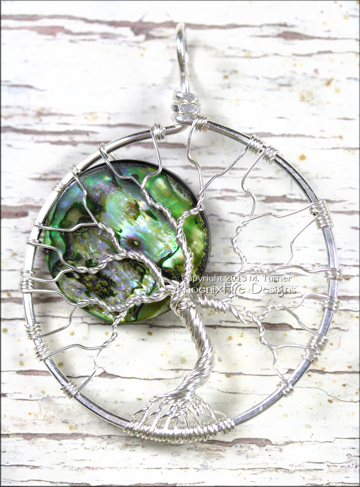 Abalone Shell Full Moon Tree of Life Pendant Handmade, Wire Wrapped, Sterling Silver, Paua