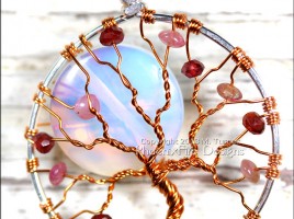 Full Moon Tree Opalite Rainbow Moonstone Pink Tourmaline Garnet Gemstone Accents in Silver and Copper Wire Wrapped