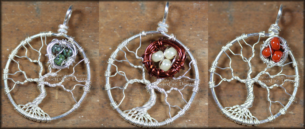 Tree of Life pendants with a small bird nest nestled in the branches of these handmade, wire wrapped sterling silver tree pendants make a unique Mother’s Tree celebrating family and children. by PhoenixFire Designs
