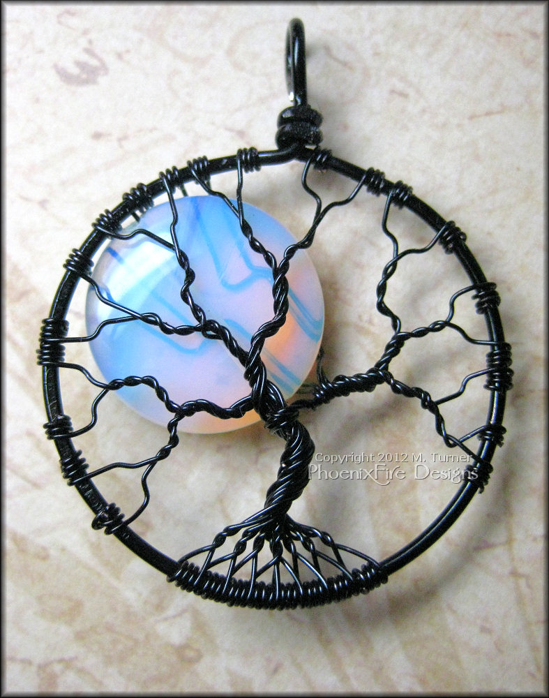 Rainbow Moonstone Full Moon Tree of Life Pendant Black Wire Wrapped Opalite (Luna Lunar Night Sky Mystical) Holiday Gift Idea for Her M. Turner PhoenixFire Designs