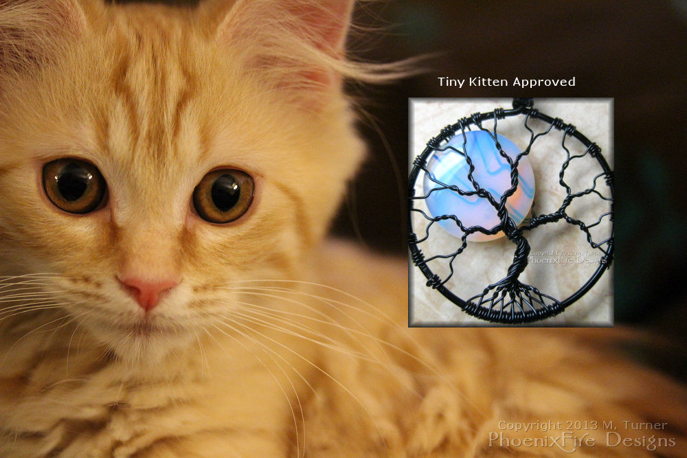 Opalite Moonstone Full Moon Tree of Life Pendant handmade, wire wrapped in black wire is tiny ginger kitten approved!