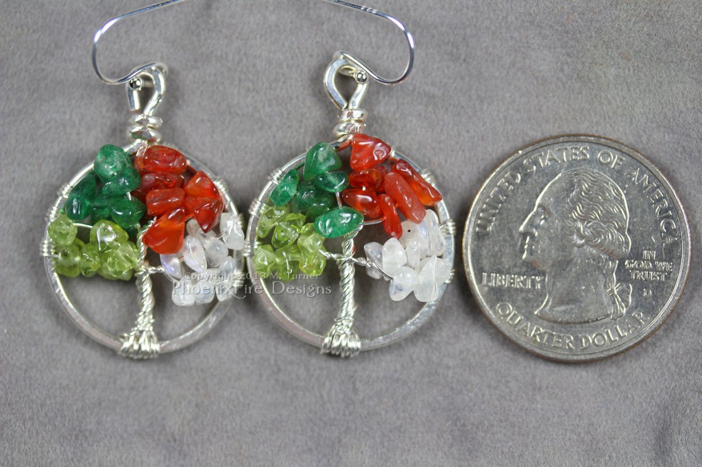Miniature Four Season Tree of Life pendant earrings features peridot, green aventurine, red carnelian and rainbow moonstone and hang on .925 sterling silver ear wire hooks. 