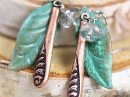 Sterling Silver dangle earrings with turquoise verdigris leaf, long copper dangle and faceted mystic quartz rondelle accent. Everyday gemstone earrings.