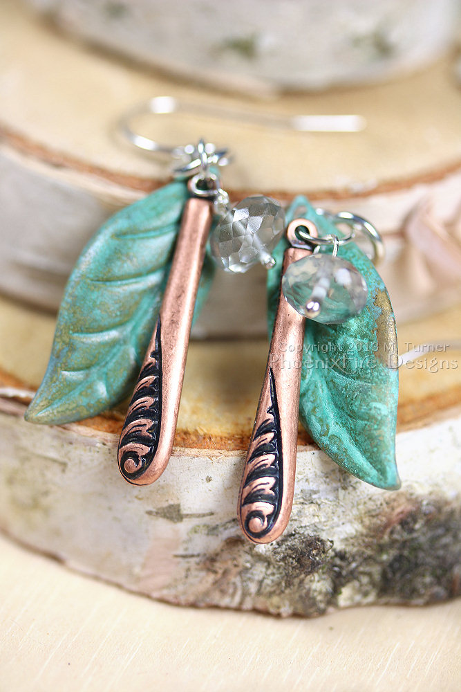 Sterling Silver dangle earrings with turquoise verdigris leaf, long copper dangle and faceted mystic quartz rondelle accent. Everyday gemstone earrings.