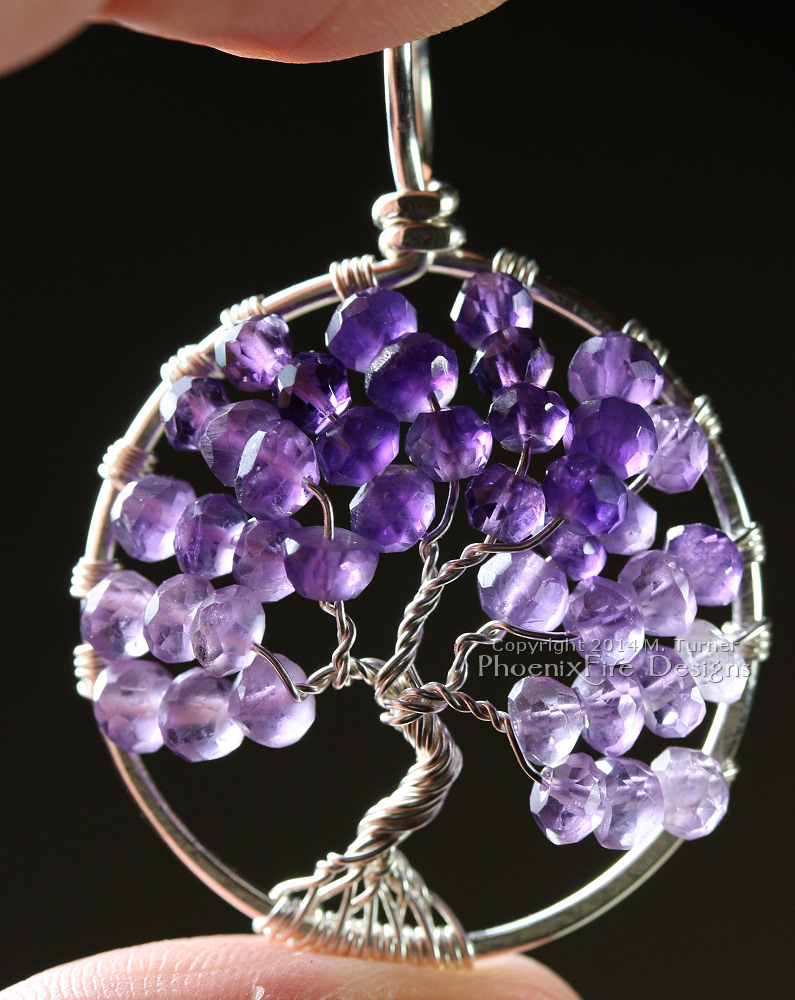 Tree of life pendant featuring shaded, ombre Amethyst micro-faceted rondelles hand wire wrapped in silver wire forming a beautiful artisan Tree of Life pendant. Amethyst is the birthstone of February.