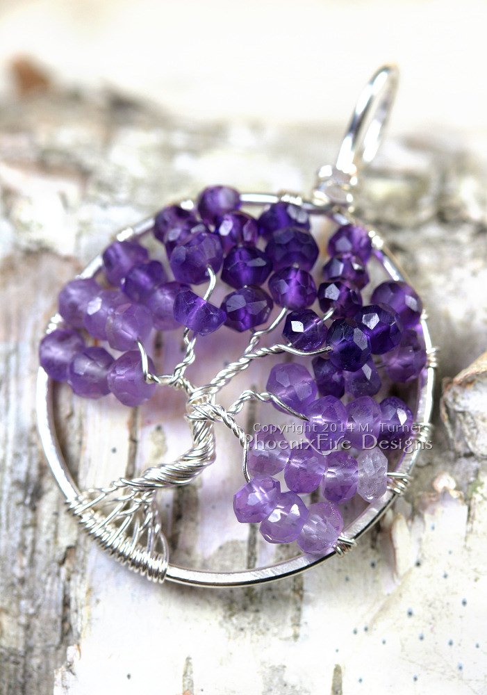 Tree of life pendant featuring shaded, ombre Amethyst micro-faceted rondelles hand wire wrapped in silver wire forming a beautiful artisan Tree of Life pendant. Amethyst is the birthstone of February.
