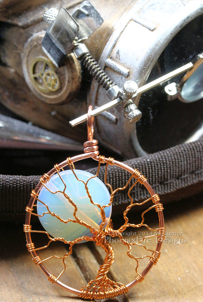 Steampunk inspired tree of life pendant wire wrap tree full moon opalite rainbow moonstone copper wire steampunk accessories and jewelry by Miss M. Turner of PhoenixFire Designs on etsy.