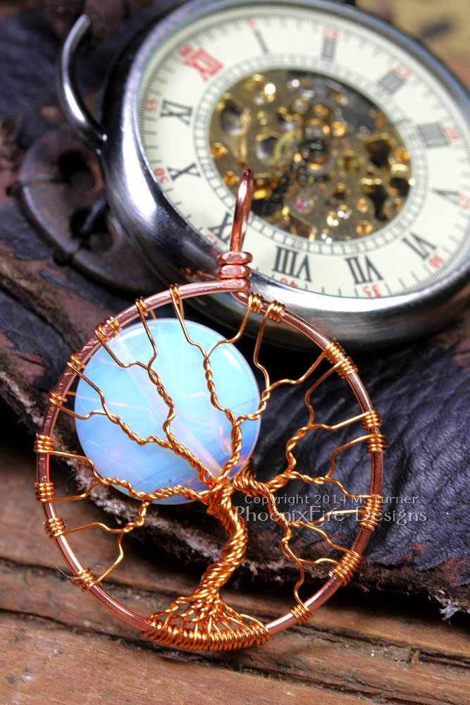 Steampunk inspired tree of life pendant wire wrap tree full moon opalite rainbow moonstone copper wire steampunk accessories and jewelry by Miss M. Turner of PhoenixFire Designs on etsy.