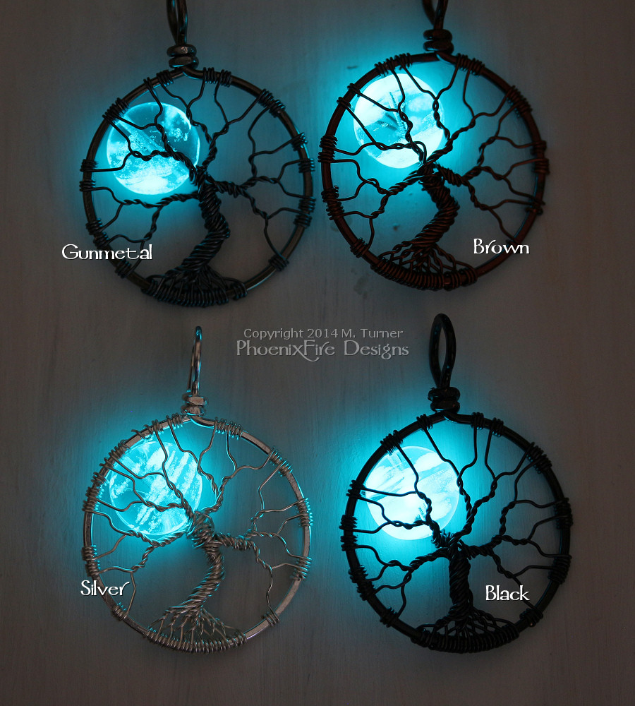 Glow in the dark full moon tree of life pendants by PhoenixFire Designs