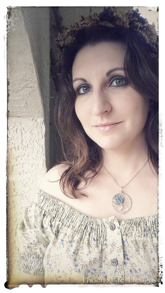 Miss M. Turner of PhoenixFire Designs modeling blue labradorite full moon wire wrapped tree of life pendant. Grey feldspar with blue flash, each pendant is handmade for a unique and beautiful necklace. Pagan ritual jewelry, tree hugger, earth lover, wiccan, boho style.