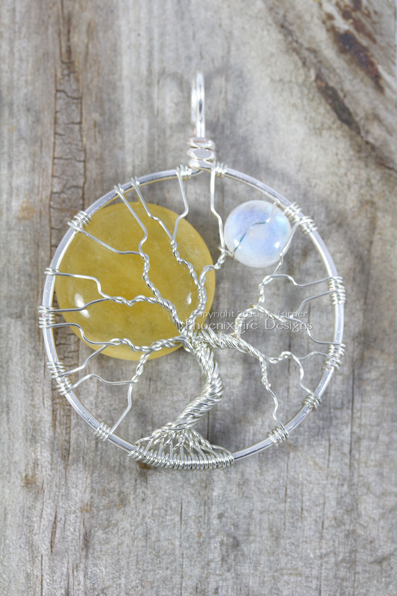 Sun and Moon tree of life pendant wire wrapped yellow jade sol natural blue flash rainbow moonstone luna in silver wire by jewelry artist and maker miss m. turner of phoenix fire designs on etsy.