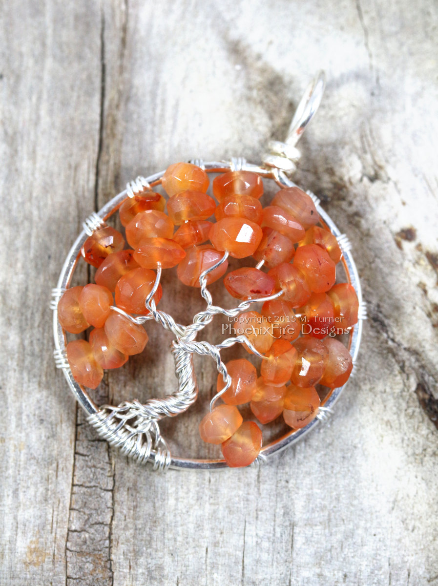 Autumn Harvest Leaves orange (red) carnelian gemstone tree of life pendant by PhoenixFire Designs.