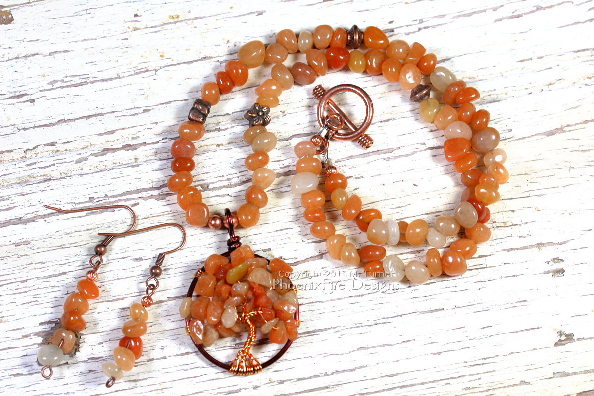 Red (Orange) Carnelian Tree of Life and matching earring set in Harvest Autumn Leaves colors by PhoenixFire Designs.