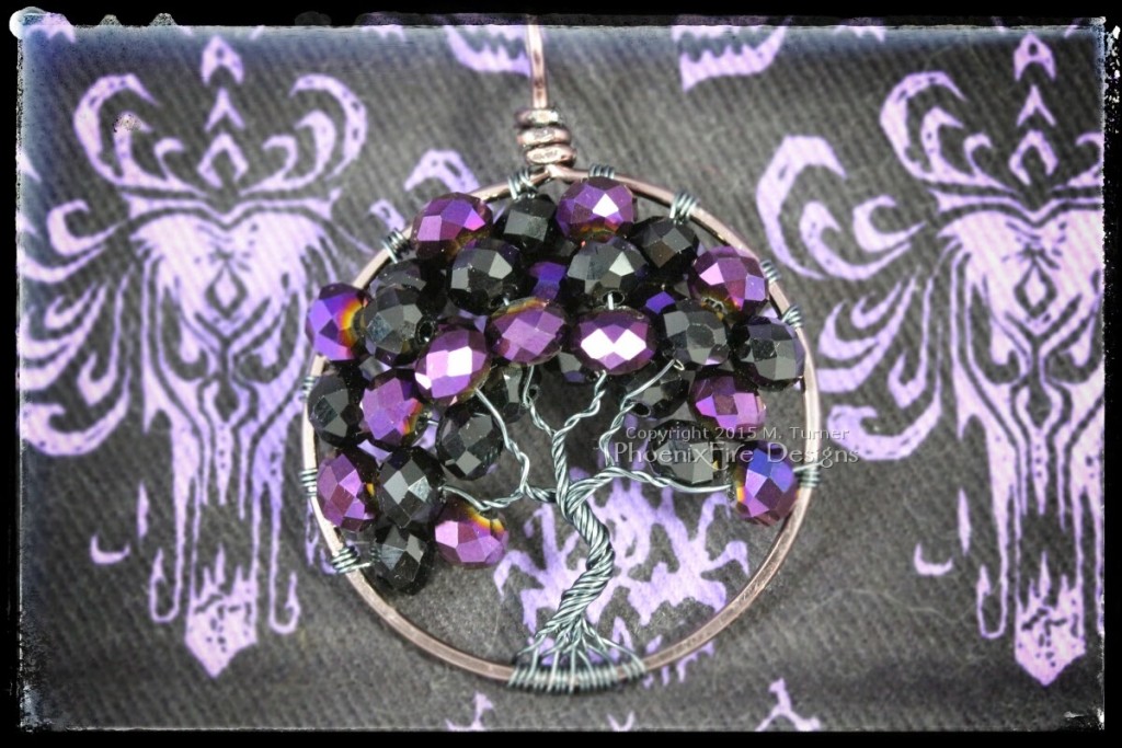 Disney's Haunted Mansion Wallpaper inspired purple and black wire wrapped tree of life pendant. 999 Happy Haunts can't be wrong! By PhoenixFire Designs