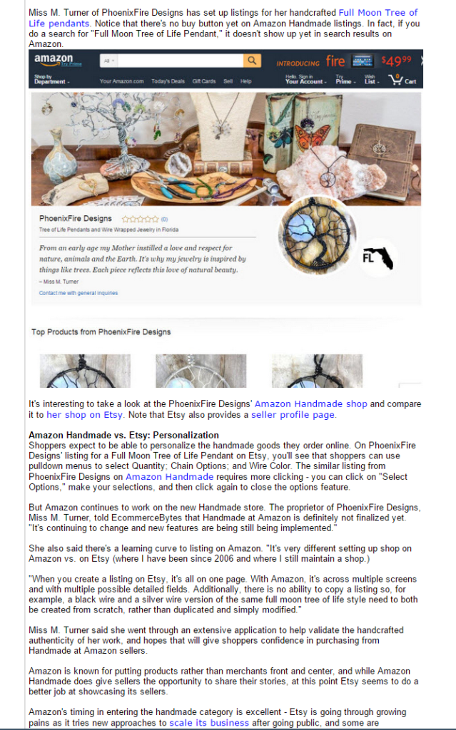 Handcrafted artisan jewelry maker Miss M. Turner of PhoenixFire Designs was interviewed by EcommerceBytes about our Etsy shop and our upcoming Handmade at Amazon storefront.
