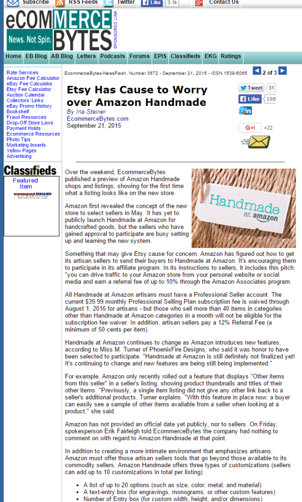 PhoenixFire Designs Handmade Tree of Life Pendants featured on EcommerceBytes news report about Etsy vs Handmade at Amazon.