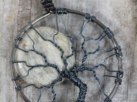 Grey Feldspar coin bead full moon tree of life pendant gunmetal wire wrapped pendant wire wrap tree necklace lunar jewelry by PhoenixFire Designs on etsy.