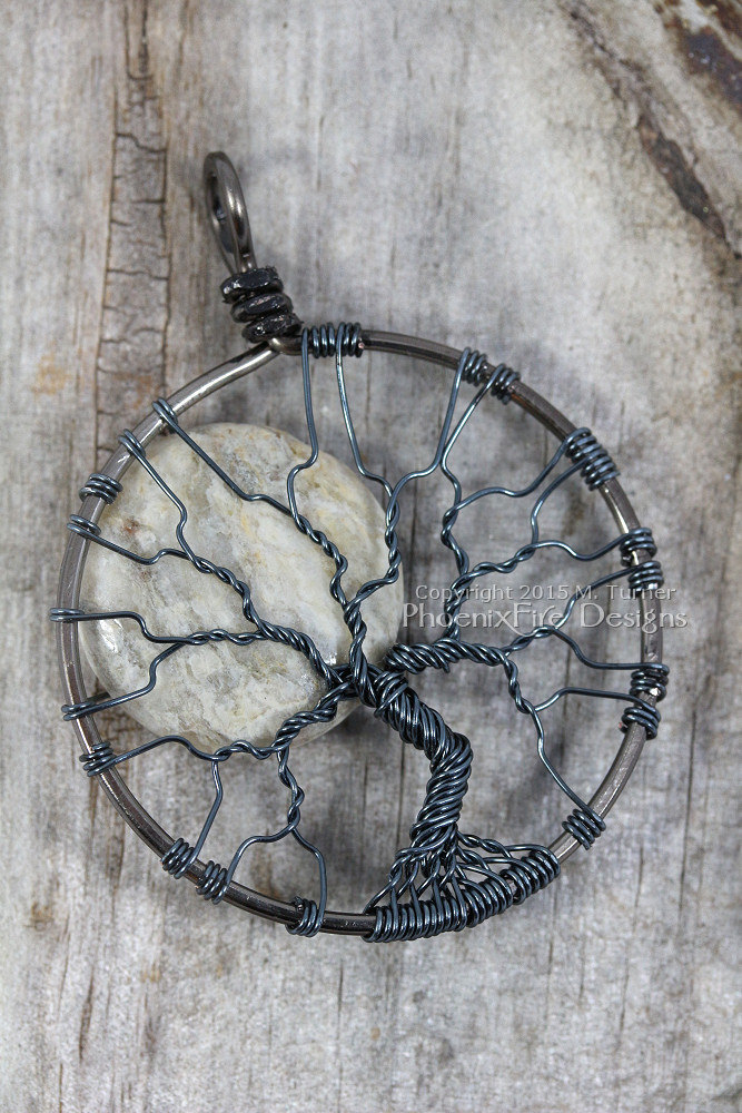 Grey Feldspar coin bead full moon tree of life pendant gunmetal hematite wire wrapped pendant wire wrap tree necklace lunar jewelry by PhoenixFire Designs on etsy.