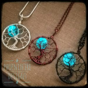 Handmade, wire wrapped tree of life pendants, full moon necklaces, glow in the dark jewelry, wire wrap necklace, celestial jewelry, moon and stars necklace, UV blue glowing necklace by PhoenixFire Designs