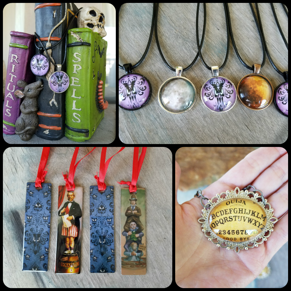 PhoenixFire Designs sale Halloween jewelry, Haunted Mansion necklace, hm wallpaper pendant, metal bookmarks, pumpkin earrings, ouija board necklace and more.