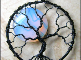 Rainbow Moonstone Full Moon Tree of Life Pendant Black Wire Wrapped Opalite (Luna Lunar Night Sky Mystical) Holiday Gift Idea for Her M. Turner PhoenixFire Designs