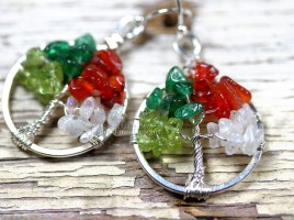 Miniature Four Season Tree of Life pendant earrings features peridot, green aventurine, red carnelian and rainbow moonstone and hang on .925 sterling silver ear wire hooks.