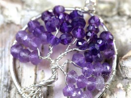 Tree of life pendant featuring shaded, ombre Amethyst micro-faceted rondelles hand wire wrapped in silver wire forming a beautiful artisan Tree of Life pendant. Amethyst is the birthstone of February.