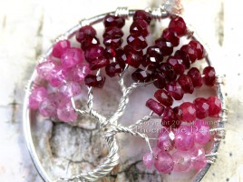 Tree of Life pendant in stunning shaded ombre red, raspberry and pink ruby rondelles wire wrapped in silver wire feature July's precious gemstone birthstone by PhoenixFire Designs.