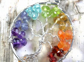 Rainbow Chakra Tree of Life Pendant with stunning micro-faceted rondelle gemstones wire wrapped to form a beautiful handmade necklace. American Made by Maker M. Turner of PhoenixFire Designs on etsy
