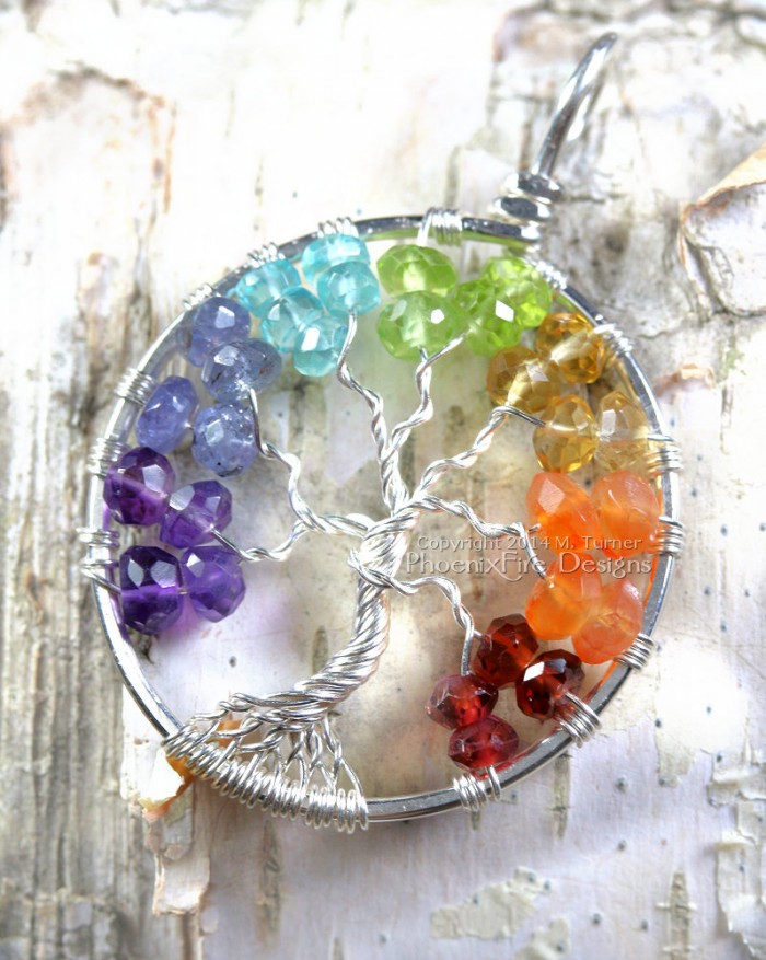 Rainbow Chakra Tree of Life Pendant with stunning micro-faceted rondelle gemstones wire wrapped to form a beautiful handmade necklace. American Made by Maker M. Turner of PhoenixFire Designs on etsy