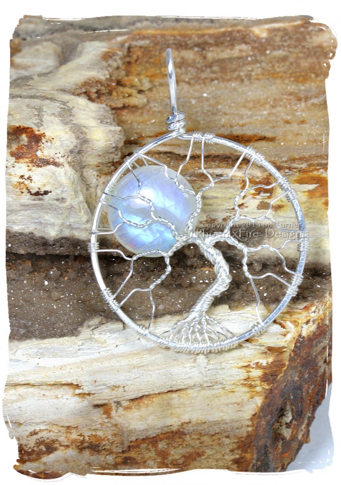 Large natural rainbow moonstone full moon tree of life pendant wire wrapped argentium sterling silver non tarnish wire wrap tree etsy by Miss M. Turner PhoenixFire Designs