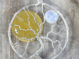 Sun and Moon tree of life pendant wire wrapped yellow jade sol natural blue flash rainbow moonstone luna in silver wire by jewelry artist and maker miss m. turner of phoenix fire designs on etsy.