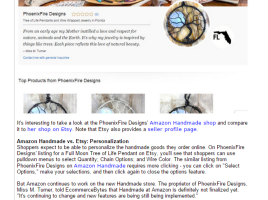 Handcrafted artisan jewelry maker Miss M. Turner of PhoenixFire Designs was interviewed by EcommerceBytes about our Etsy shop and our upcoming Handmade at Amazon storefront.