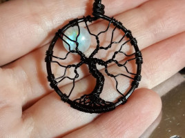 PhoenixFire Designs tree of life pendant natural blue flash rainbow moonstone full moon tree of life black wire wrapped jewelry, handmade necklace, maker movement etsy shop