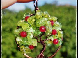 Back to school with an apple for teacher! Get ready for fall with handmade Apple Tree with natural peridot and ruby red jade apples wire wrapped in brown wire handmade by PhoenixFire Designs on etsy.