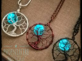 Handmade, wire wrapped tree of life pendants, full moon necklaces, glow in the dark jewelry, wire wrap necklace, celestial jewelry, moon and stars necklace, UV blue glowing necklace by PhoenixFire Designs