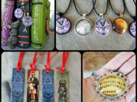 PhoenixFire Designs sale Halloween jewelry, Haunted Mansion necklace, hm wallpaper pendant, metal bookmarks, pumpkin earrings, ouija board necklace and more.